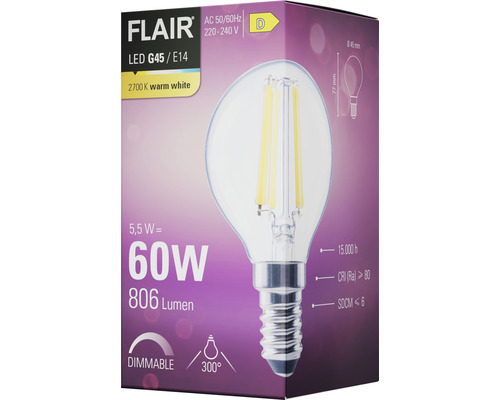Verpackung einer dimmbaren Flair LED Lampe G45/E14
