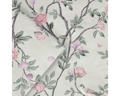 Papier peint avec motifs de fleurs, de branches et d''oiseaux