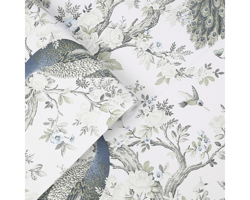 Rouleau de papier peint avec motif paons, fleurs et oiseaux