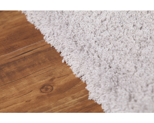 Gros plan d''un tapis à poils longs de couleur claire sur un plancher en bois