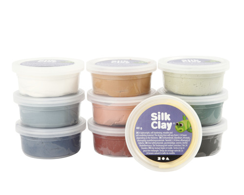 Pâte à modeler Silk Clay de différentes couleurs dans des récipients en plastique