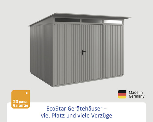 EcoStar Gerätehaus mit Flachdach, zwei Türen und 20 Jahre Garantie