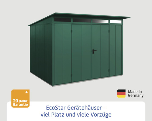 EcoStar Gerätehaus mit zwanzig Jahre Garantie und Made in Germany Siegel
