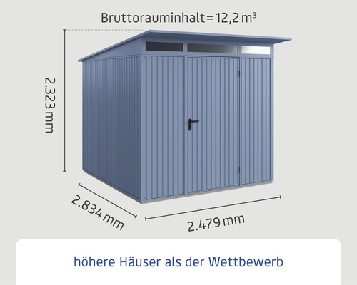 Gartenschrank mit den Maßen 2323 mm Höhe, 2834 mm Breite und 2479 mm Tiefe