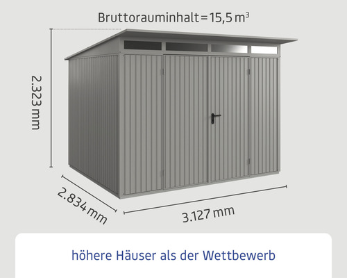 Abmessungen eines Gerätehauses mit einem Bruttorauminhalt von 15,5 Kubikmeter