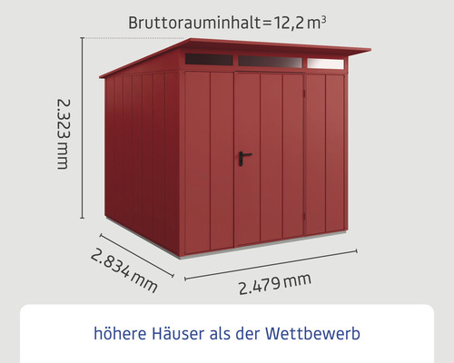 Gartenschuppen mit den Maßen 2323 mm Höhe, 2834 mm Breite und 2479 mm Tiefe