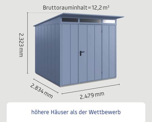 Gartenschrank mit den Massen 2323 Millimeter Höhe, 2834 Millimeter Tiefe und 2479 Millimeter Breite