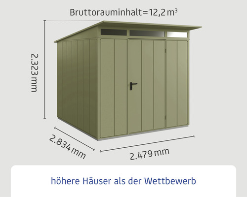 Metall Gerätehaus mit den Maßen 2323 mm Höhe, 2834 mm Länge und 2479 mm Breite