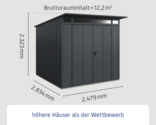 Metall Gerätehaus mit den Maßen 2323 mm Höhe, 2834 mm Breite und 2479 mm Tiefe
