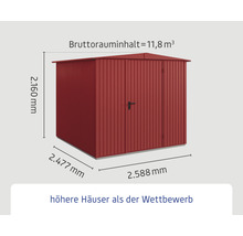Abmessungen eines Gerätehauses mit einem Bruttorauminhalt von 11,8 Kubikmeter.