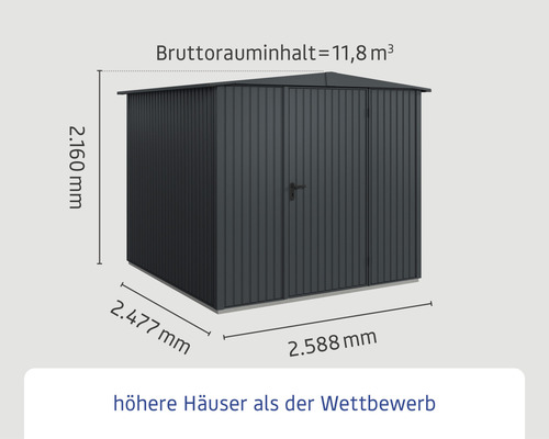 Abmessungen eines grauen Gerätehauses mit den Maßangaben Bruttorauminhalt von 11,8 Kubikmeter, Höhe von 2160 Millimeter, Tiefe von 2477 Millimeter und Breite von 2588 Millimeter