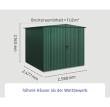 Abmessungen eines Gerätehauses mit den Angaben 2160 mm Höhe, 2477 mm Tiefe, 2588 mm Breite und einem Bruttorauminhalt von 11,8 Kubikmeter.