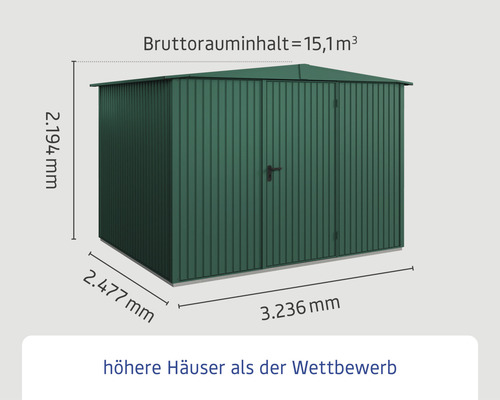 Abbildung eines Gartenhauses mit den Massangaben Höhe 2194 mm, Tiefe 2477 mm und Breite 3236 mm