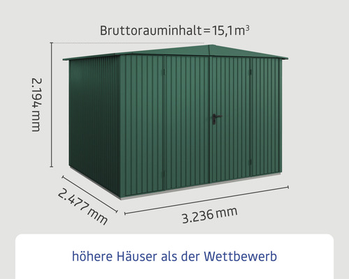 Illustration eines Gartenhauses mit den Maßen 2.194 mm Höhe, 2.477 mm Tiefe und 3.236 mm Breite