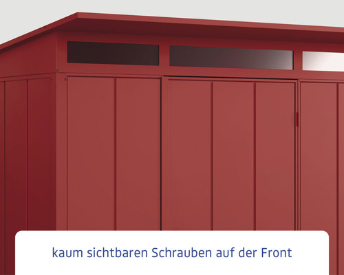 Nahaufnahme eines Geräteschuppens mit Flachdach und Türen