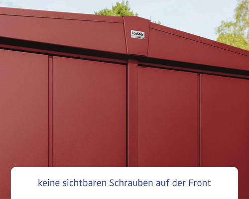 Detailansicht eines Gerätehauses mit der Aufschrift EcoStar und der Information, dass keine sichtbaren Schrauben vorhanden sind.