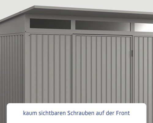 Detailansicht eines Gerätehauses mit kaum sichtbaren Schrauben auf der Front