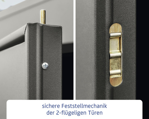 Details der sicheren Feststellmechanik für zweiflügelige Türen.