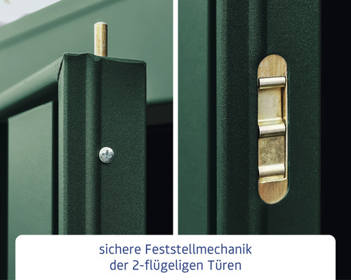 Sichere Feststellmechanik der zweiflügeligen Türen