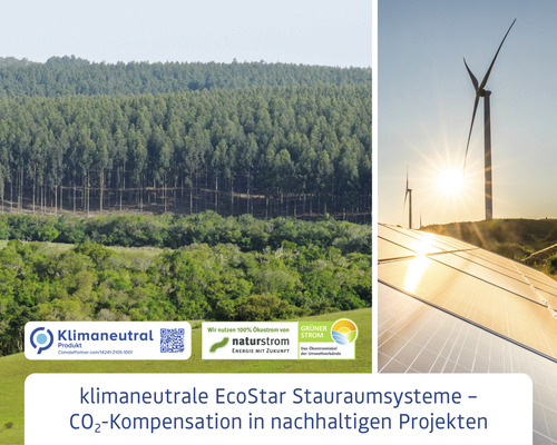 Klimaneutrale EcoStar Stauraumsysteme mit CO2-Kompensation in nachhaltigen Projekten: Wald, Windräder, Solaranlagen, Klimaneutral Produkt Siegel, Naturstrom Logo und Grüner Strom Label.