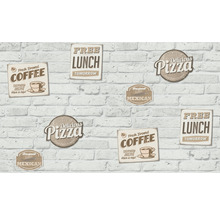 Papier peint avec motif de pierre et imprimés de café, pizza, plats mexicains et déjeuner gratuit