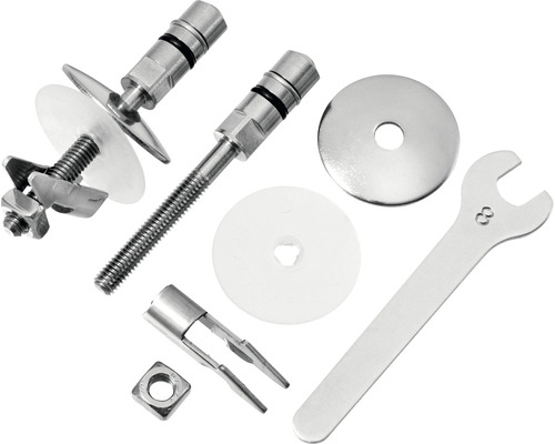Matériel de fixation pour installations sanitaires avec vis, écrous, rondelles et clé à molette