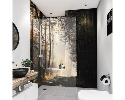 Salle de bains avec douche à l''italienne et panneaux muraux à motifs de forêt, meuble-lavabo avec vasque à poser et toilettes.