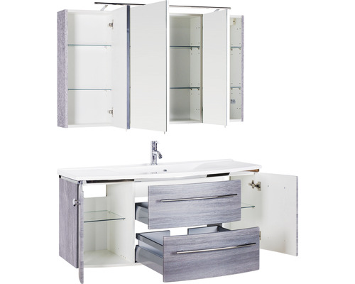 Ensemble de salle de bains avec lavabo, meuble sous-lavabo, tiroirs et armoire de toilette avec étagères