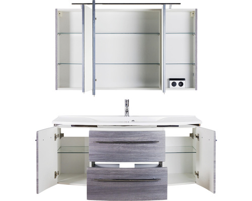 Ensemble de meubles de salle de bain ouverts avec lavabo, meuble sous-vasque, armoire de toilette et étagères en verre