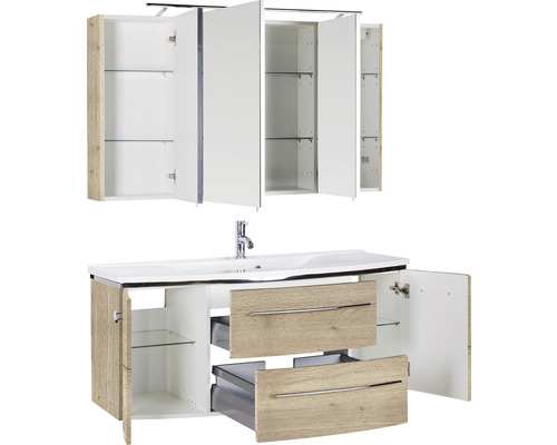 Meuble sous-vasque avec lavabo et armoire de toilette avec portes ouvertes