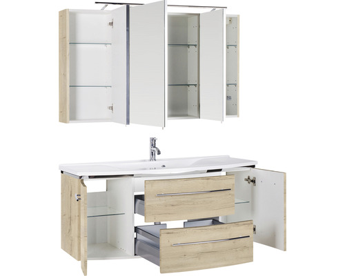 Ensemble de meubles de salle de bain avec lavabo, meuble sous-lavabo, armoire de toilette et portes et tiroirs ouverts