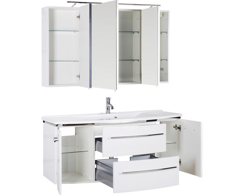 Ensemble de meubles de salle de bains avec meuble sous-vasque, plan de toilette et armoire de toilette avec portes et tiroirs ouverts