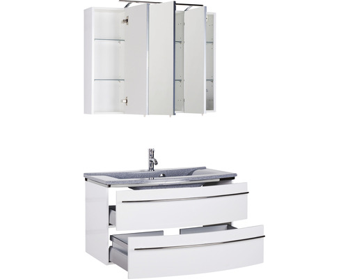 Meuble-lavabo blanc avec lavabo et armoire de toilette à portes ouvertes pour salle de bain