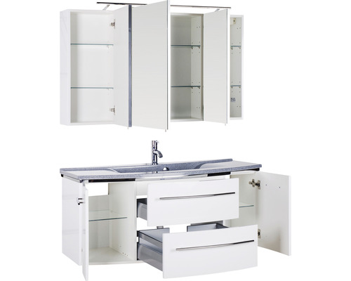 Meuble-lavabo de salle de bains avec armoire de toilette, tiroirs et portes