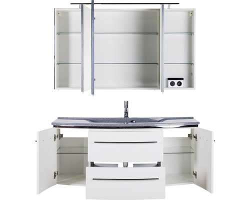 Meuble-lavabo avec lavabo, meuble sous-vasque et armoire de toilette avec portes ouvertes