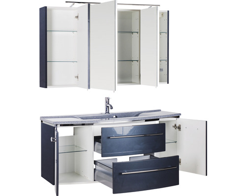 Meuble-lavabo avec meuble sous-vasque et armoire de toilette avec portes et tiroirs ouverts.