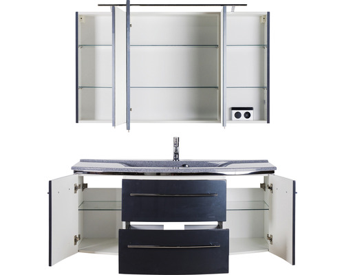 Ensemble de meubles-lavabo avec armoire de toilette et portes ouvertes