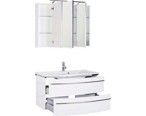 Ensemble de salle de bains comprenant un meuble sous-lavabo avec deux tiroirs et une armoire de toilette avec trois portes