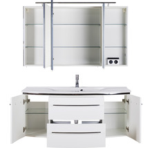 Offene Badezimmermöbel mit Spiegelschrank, Waschtisch, Waschbecken und Schubladen