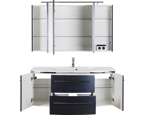 Waschtisch mit Waschbecken, Unterschrank, Spiegelschrank und geöffneten Türen.