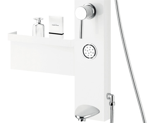 Panneau de douche avec étagère, douchette et robinet pour la salle de bain