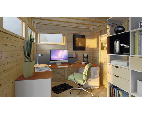 Bureau de maison de jardin en bois avec bureau, fauteuil de bureau, étagères et ordinateur