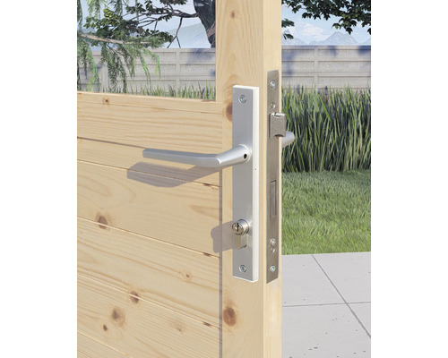Vue détaillée d''un portail de jardin avec un kit de serrure de porte monté, garniture de porte incluse