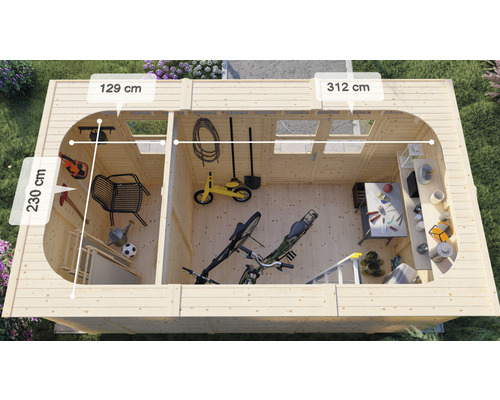 Vue de dessus d''une remise de jardin avec intérieur et dimensions
