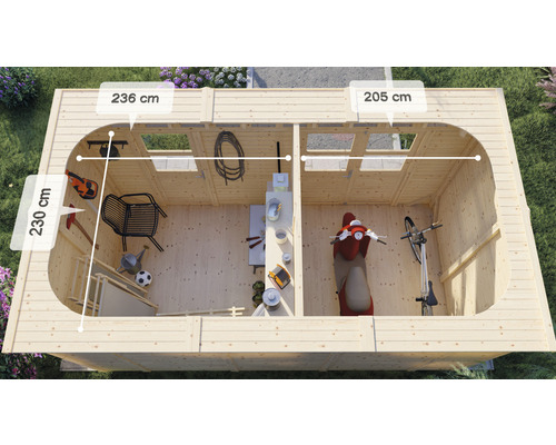 Vue de dessus d''une cabane de jardin avec indication des dimensions de hauteur et de largeur.