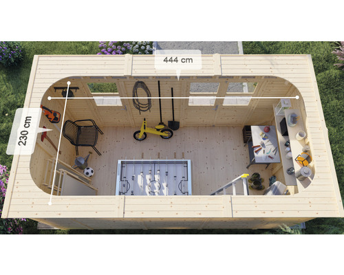 Vue de dessus abri de jardin avec des dimensions de 444 cm sur 230 cm, aménagé avec un baby-foot, une table, des outils et des jouets