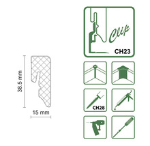 Technische Zeichnung eines Clips mit den Maßen 38,5 mm Höhe und 15 mm Breite sowie Anwendungs- und Befestigungshinweisen.