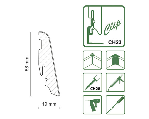 Schéma d''une plinthe mesurant 58 mm de haut et 19 mm de large, avec des symboles pour le montage par clip, les assemblages d''angle et les méthodes de fixation.