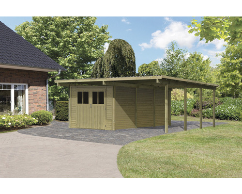 Carport double Karibu Eco 3 avec zone de stockage intégrée de 11 m², 509x576 cm, traité en autoclave par imprégnation