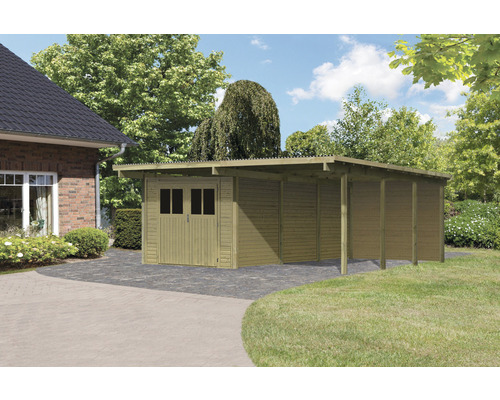 Garage en bois avec abri de jardin dans le jardin